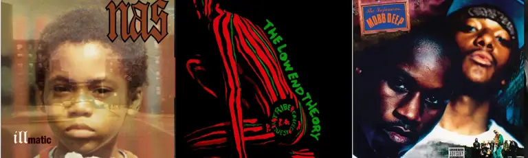 Nas Illmatic, A Tribe Called Quest The Low End Theory, and Mobb Deep The Infamous album covers side by side