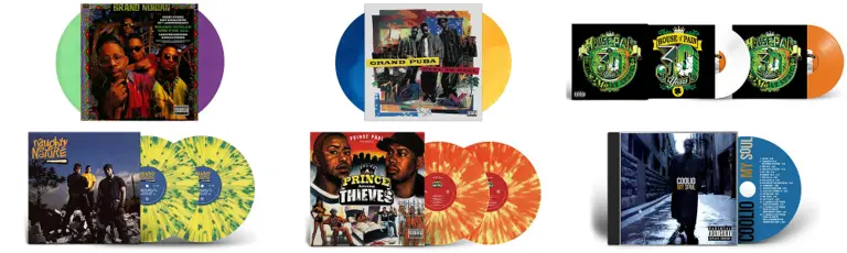 Six Tommy Boy reissues in a grid: Brand Nubian One for All, Grand Puba Reel to Reel, House of Pain Fine Malt Lyrics, Naughty by Nature, Prince Paul A Prince Among Thieves, and Coolio My Soul, with colored and splatter vinyl visible