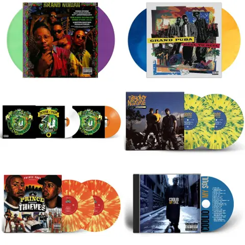 Six Tommy Boy reissues in a grid: Brand Nubian One for All, Grand Puba Reel to Reel, House of Pain Fine Malt Lyrics, Naughty by Nature, Prince Paul A Prince Among Thieves, and Coolio My Soul, with colored and splatter vinyl visible