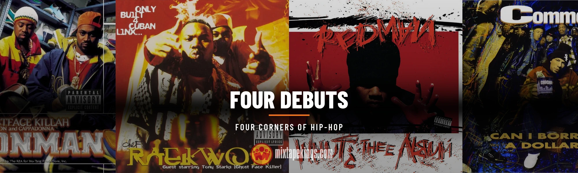 Four solo-debut covers in a 2x2 grid: Ghostface Killah Ironman, Raekwon Only Built 4 Cuban Linx, Redman Whut? Thee Album, and Common Can I Borrow a Dollar?