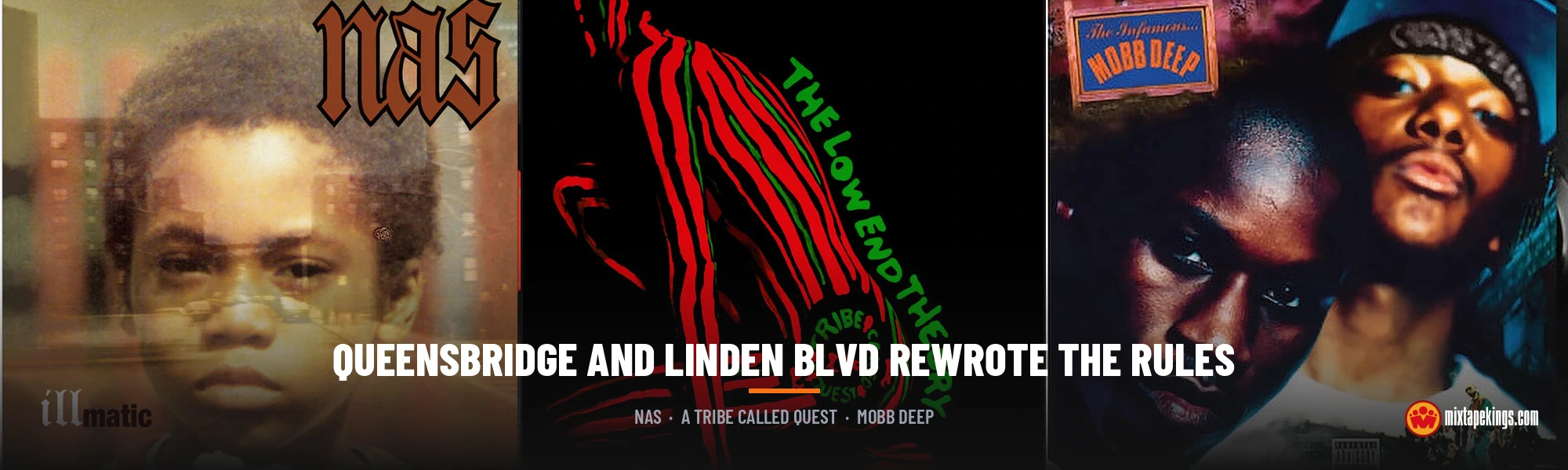Nas Illmatic, A Tribe Called Quest The Low End Theory, and Mobb Deep The Infamous album covers side by side