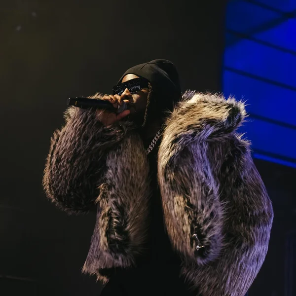 Wale performing on stage in a faux fur coat, beanie and sunglasses